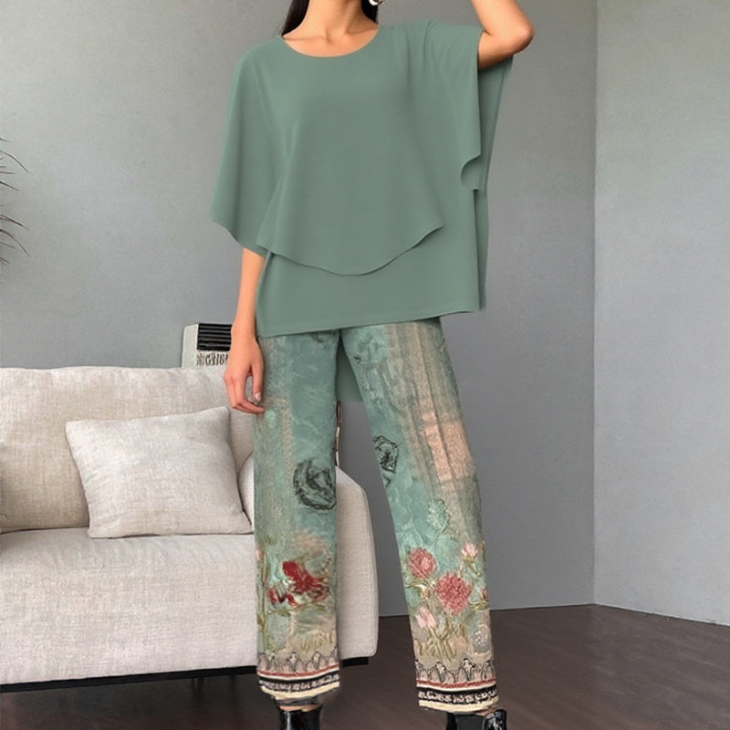💖Women’s Printed Pants and Crew Neck Top Set