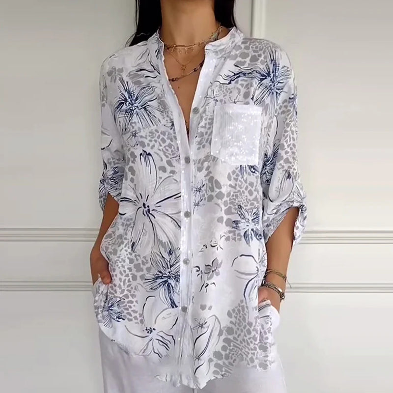 đ„Womenâs Stand Floral Collar Printed Shirt
