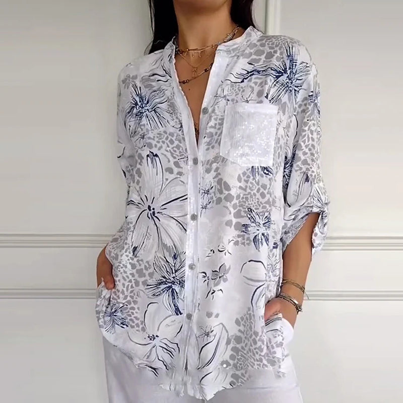 đ„Womenâs Stand Floral Collar Printed Shirt