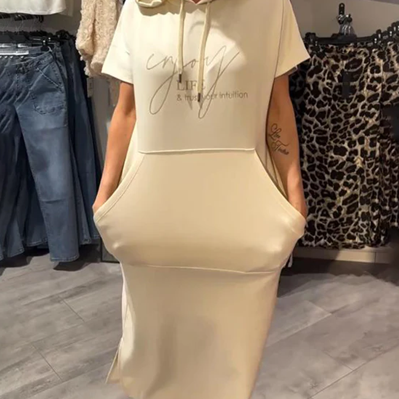 đ„Womenâs Solid Short-Sleeve Hooded Long Dress