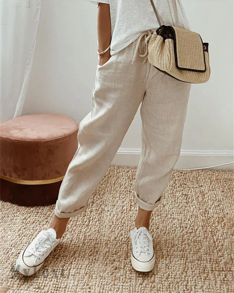 👖Casual Cotton and Linen Pants for Women – Breathable, High-Waisted & Ankle-Length Elegance🤍