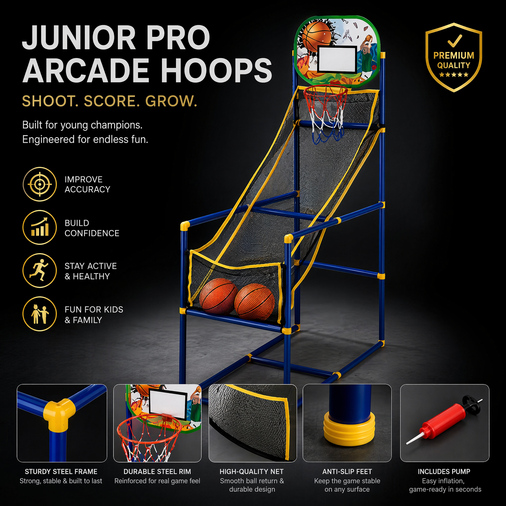 🏀🎯Kids‘ Indoor Basketball Arcade Game – Auto ball return, sturdy & safe. 4 balls + pump included. Quick setup, endless fun! 🧒💨