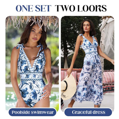 💥 V Neck Lace Up Printed One Piece Swimsuit and Skirt