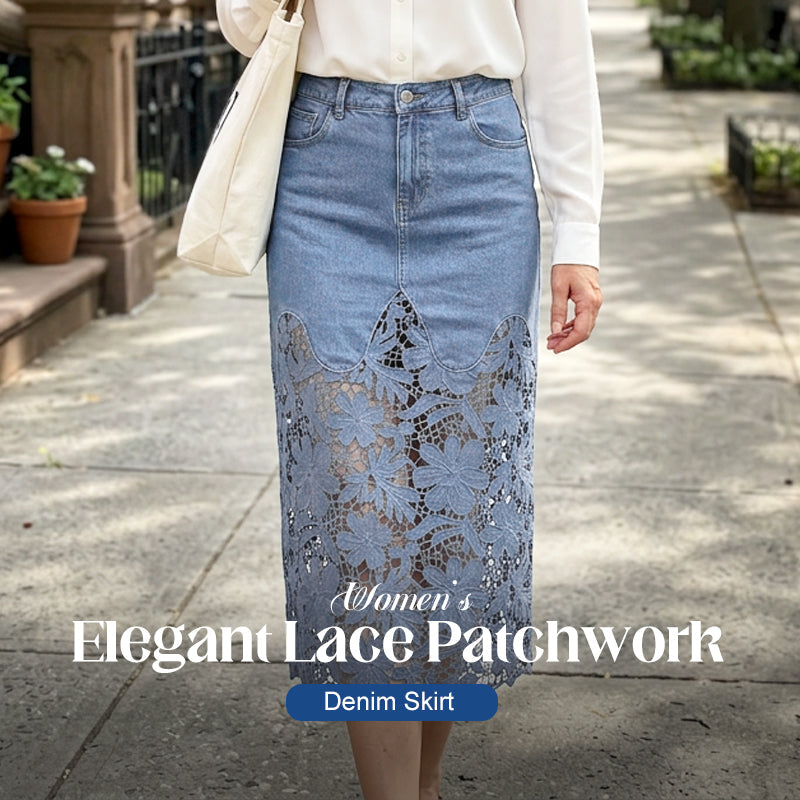💥Women's Denim Bodycon Skirt with Hollow Lace Trim💙