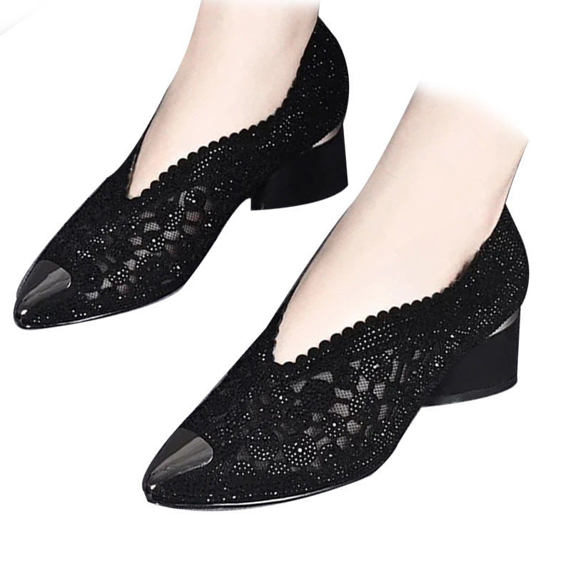Hollow Mesh Rhinestone Chunky Heel Sandals