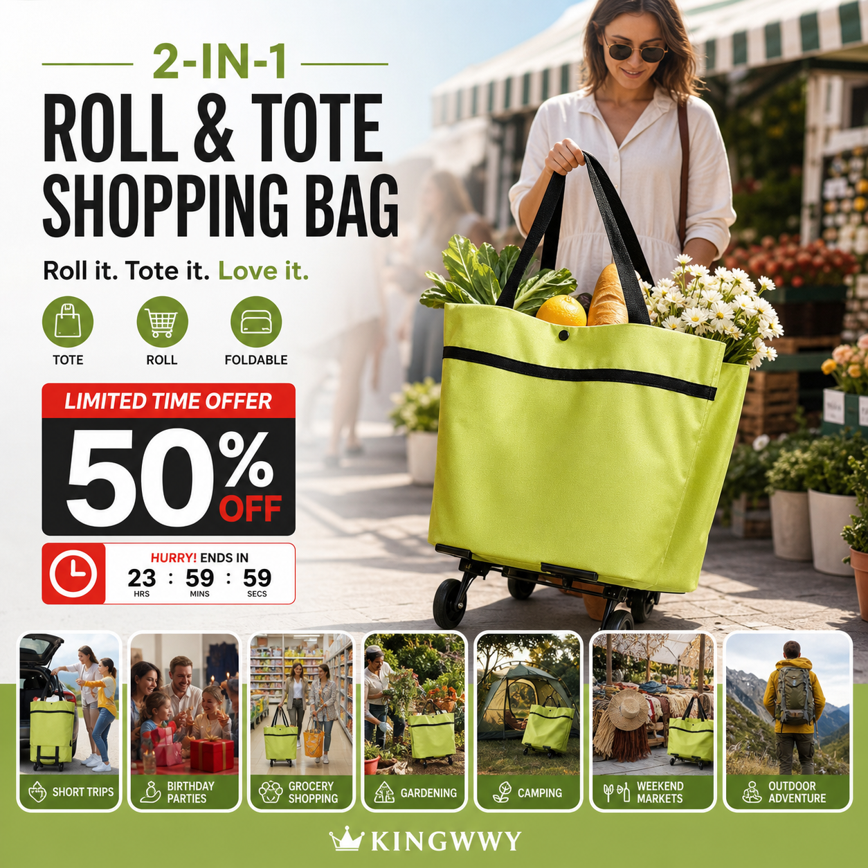🔥2-in-1 Foldable Shopping Cart