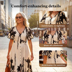 💥Soft Botanical Print V-Neck Midi Dress – Elegant, Lightweight & All-Match