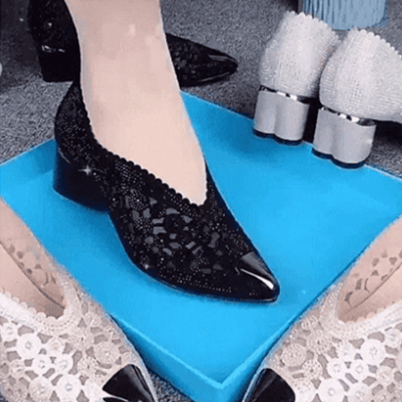 Hollow Mesh Rhinestone Chunky Heel Sandals
