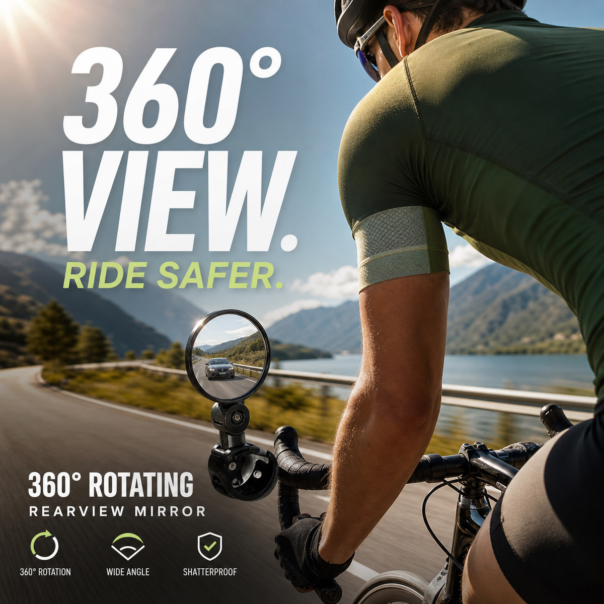 360° Rotating Rearview Mirror – Clear view behind, no more neck twisting. Fits bikes, e‑bikes & motorcycles. Tool‑free silicone strap!