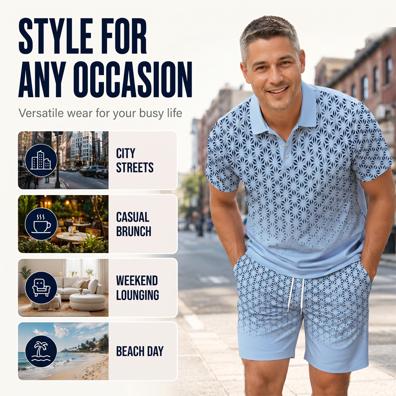 👕 Men's Geometric Print Collared Top & Shorts Set – Modern Pattern & Breathable Coordinated Look 🔷