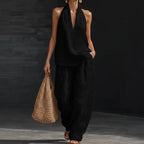 Boho Linen Two Piece Set - Perfect for Beach, Vacation & Brunch! Halter Neck Sleeveless Top Wide Leg Pants Set