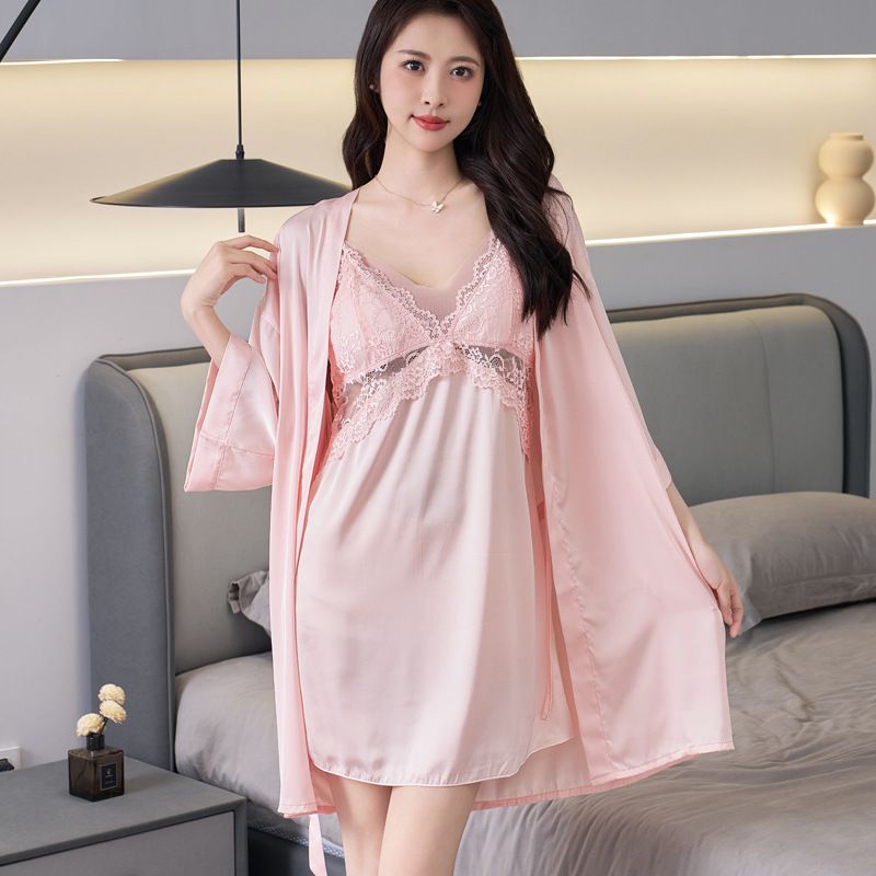 Sexy Lace Silky Smooth Suspender Nightgown Built-in Chest Pads