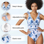 💥 V Neck Lace Up Printed One Piece Swimsuit and Skirt