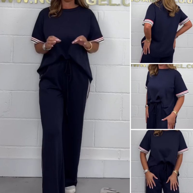 💖Side Stripe Short Sleeve T-Shirt & Wide Leg Joggers Set