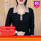 Fashionable turndown collar color splicing long-sleeved top
