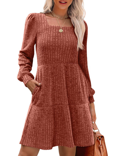 💖 Women's Square Neck Lantern Sleeve Ribbed Dress|Glow in Autumnal Elegance!🍁