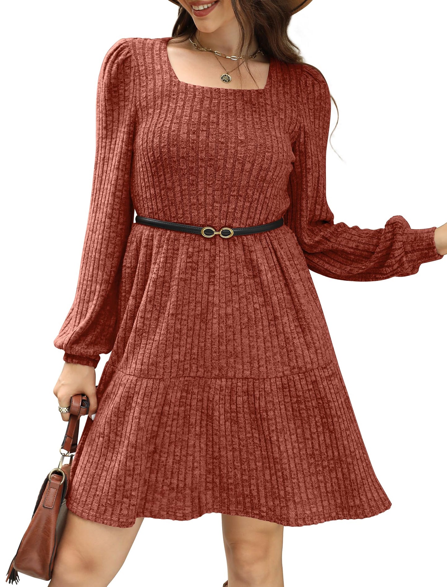 💖 Women's Square Neck Lantern Sleeve Ribbed Dress|Glow in Autumnal Elegance!🍁