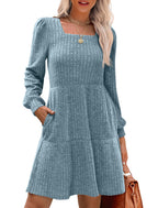 💖 Women's Square Neck Lantern Sleeve Ribbed Dress|Glow in Autumnal Elegance!🍁