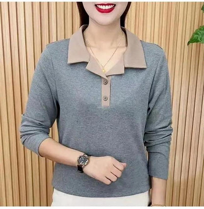 Fashionable turndown collar color splicing long-sleeved top