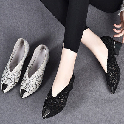 Hollow Mesh Rhinestone Chunky Heel Sandals