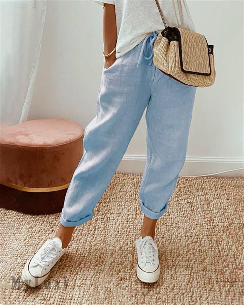 👖Casual Cotton and Linen Pants for Women – Breathable, High-Waisted & Ankle-Length Elegance🤍