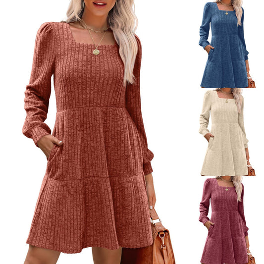 💖 Women's Square Neck Lantern Sleeve Ribbed Dress|Glow in Autumnal Elegance!🍁