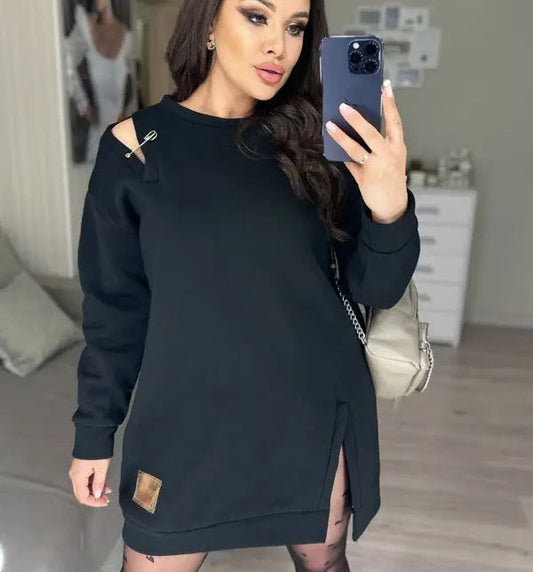 🍂Stylish Round-Neck Side-Slit Long-Sleeve Loose Midi Dress ✨