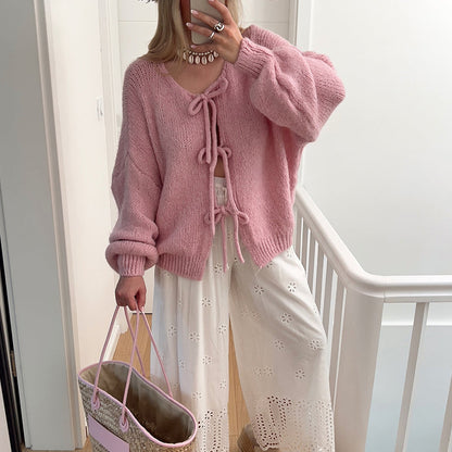 ✨Hot sale🔥Women's Long Sleeve Tie Front Knit Sweater