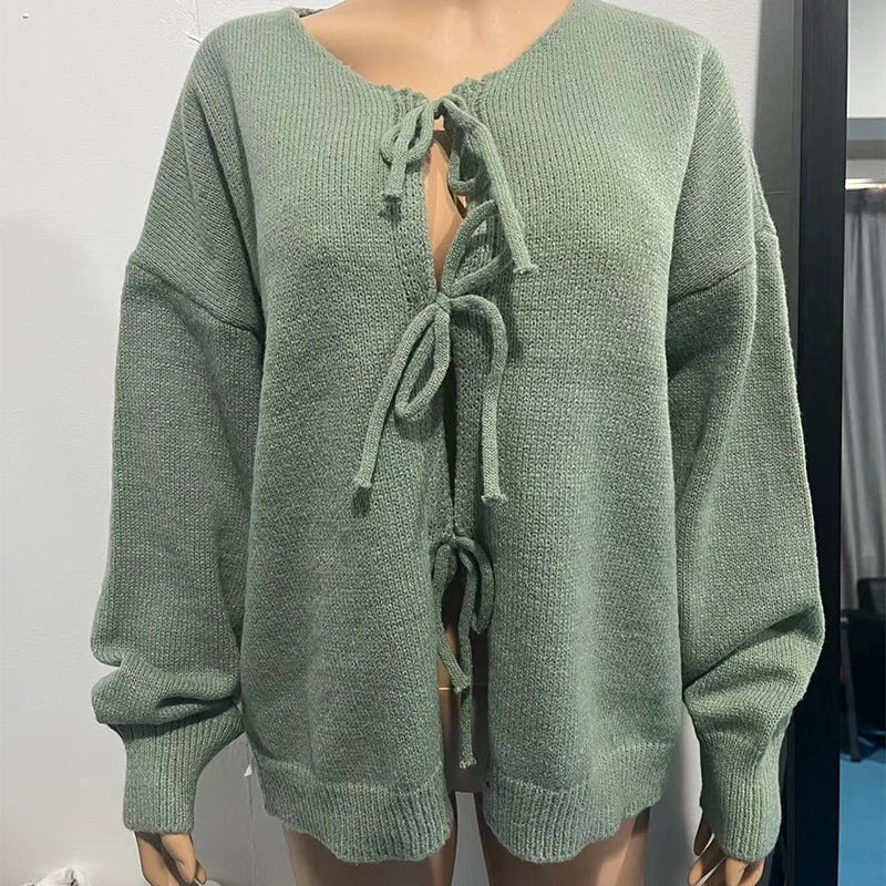 ✨Hot sale🔥Women's Long Sleeve Tie Front Knit Sweater