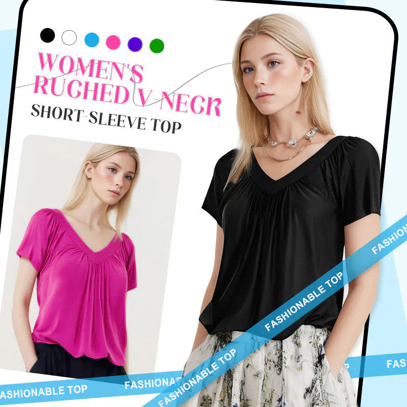Women's Casual Pleated V-Neck Short-Sleeve Top