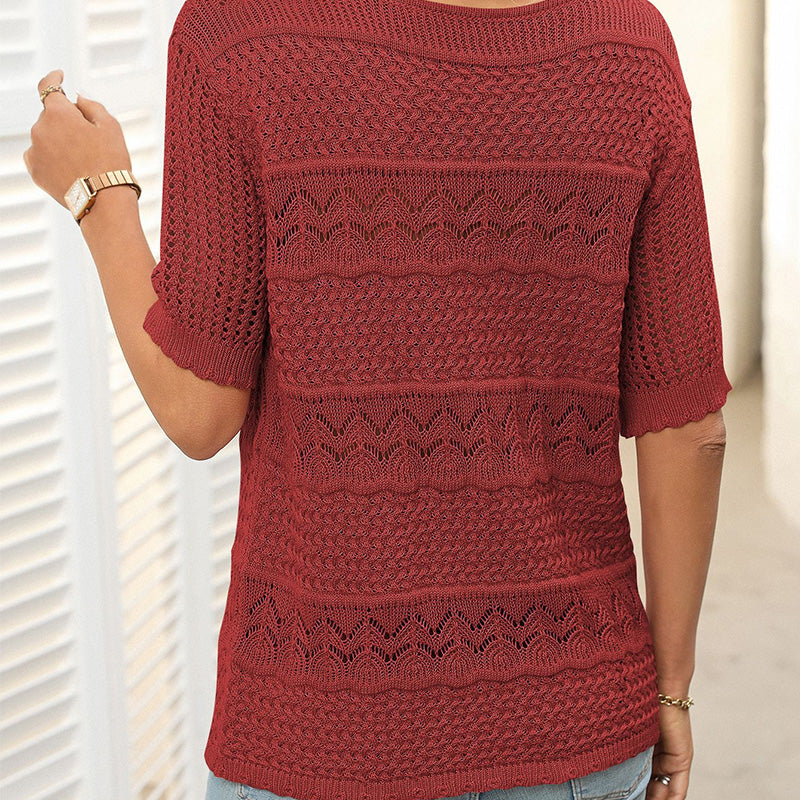 Women's Round Neck Hollow Knit Crochet Short Sleeve Sweater