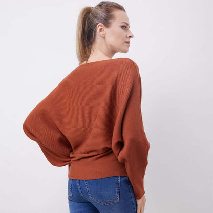 Women's Boat Neck Dolman Sleeve Ribbed Knitted Sweaters