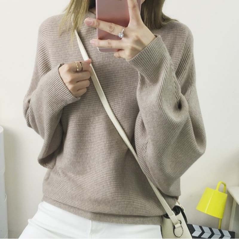 Women's Boat Neck Dolman Sleeve Ribbed Knitted Sweaters