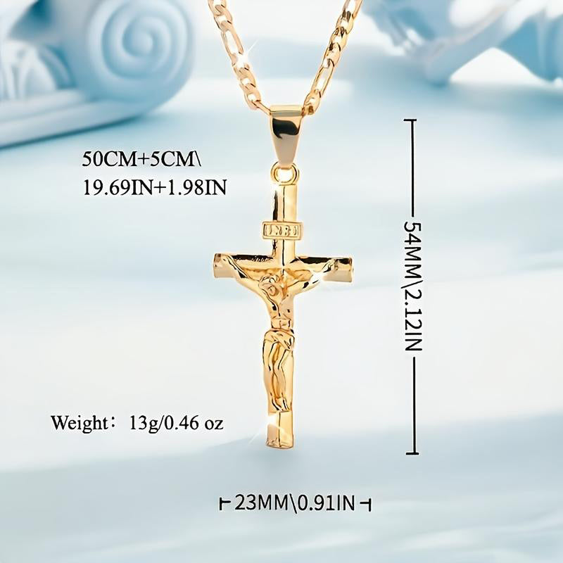 ✝️ Gold Crucifix Necklace – Detailed INRI Motif, Adjustable Figaro Chain & Hypoallergenic Finish 💛