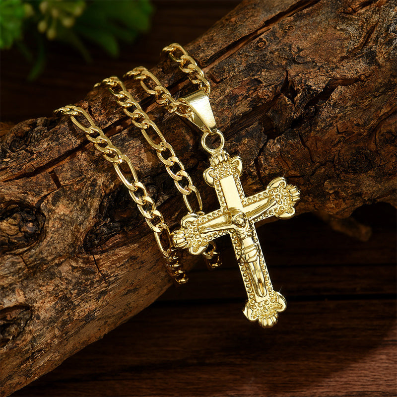 ✝️ Gold Crucifix Necklace – Detailed INRI Motif, Adjustable Figaro Chain & Hypoallergenic Finish 💛