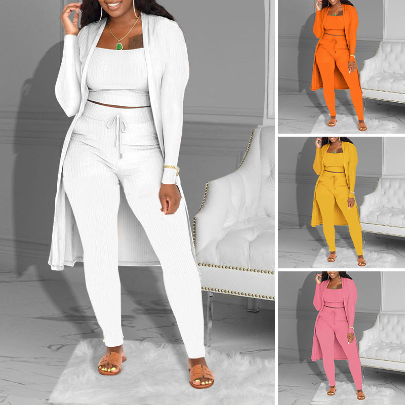 Casual 3-Piece Knit Set – Cropped Top, Cardigan & Pants