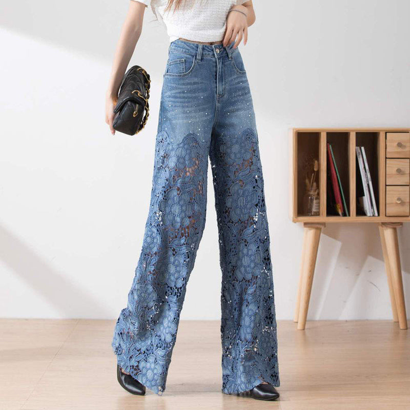 Women's High-Waisted Blue Denim Wide-Leg Pants with Cut-Out Lace Panels