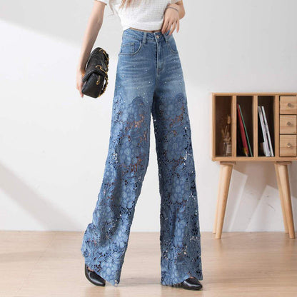Women's High-Waisted Blue Denim Wide-Leg Pants with Cut-Out Lace Panels