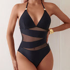 Halter Neck One-Piece Swimsuit with Mesh Panels