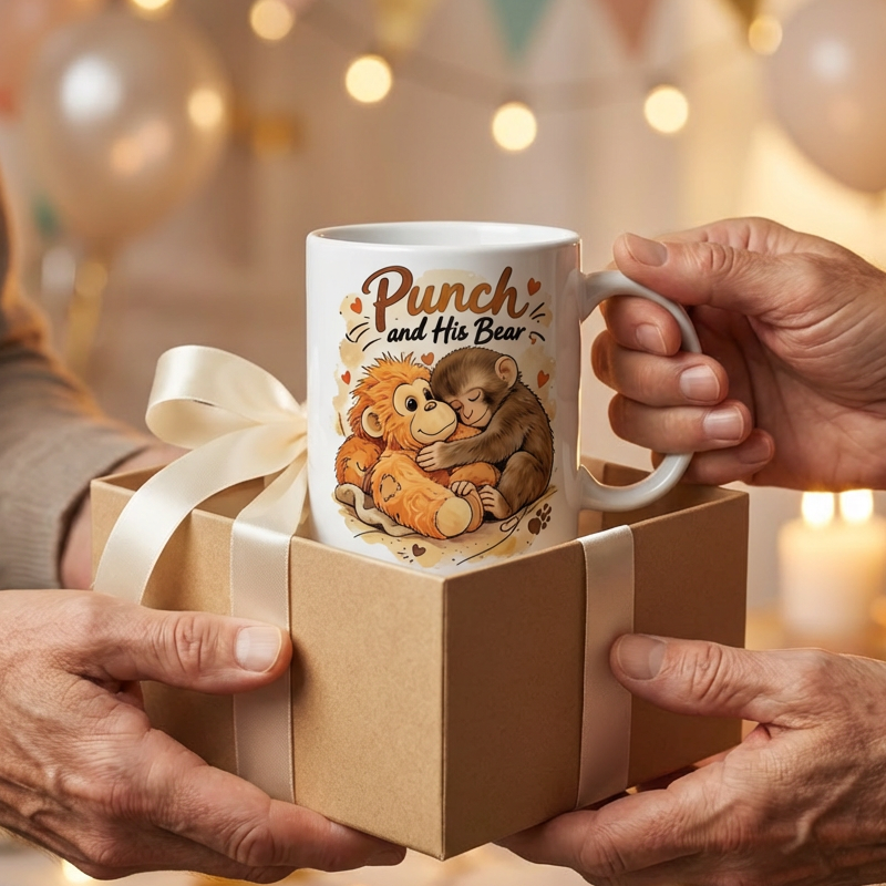 "Punch and His Bear" Cute Monkey Ceramic Mug☕🐒
