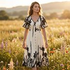 💥Soft Botanical Print V-Neck Midi Dress – Elegant, Lightweight & All-Match