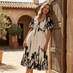 💥Soft Botanical Print V-Neck Midi Dress – Elegant, Lightweight & All-Match