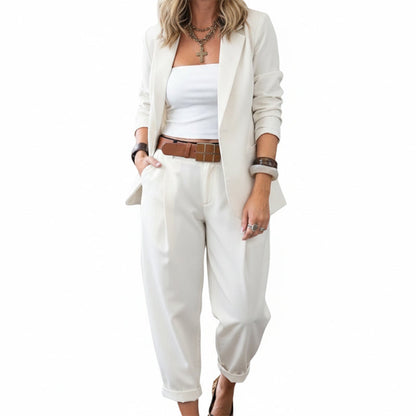 Women's Tapered Pants & Blazer Set – Open-front design, relaxed fit. Neutral colors pair with anything. Effortless elegance for any occasion.