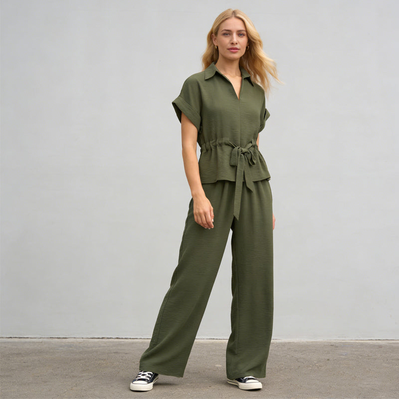 Women's Collared Drawstring Waist Top & Pants Set