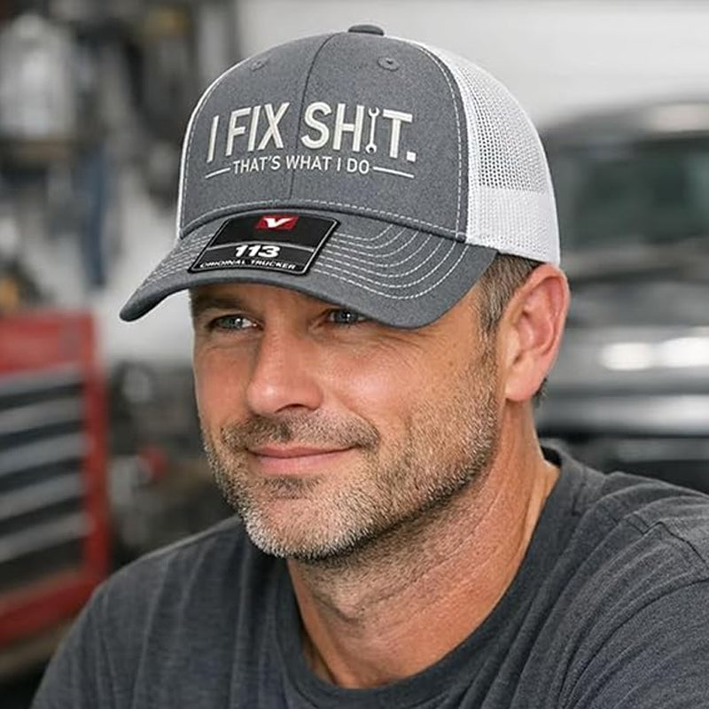 🔥Mesh Back Trucker Cap with "I Fix Shit" Embroidery – Breathable Outdoor Sun Hat🧢☀️