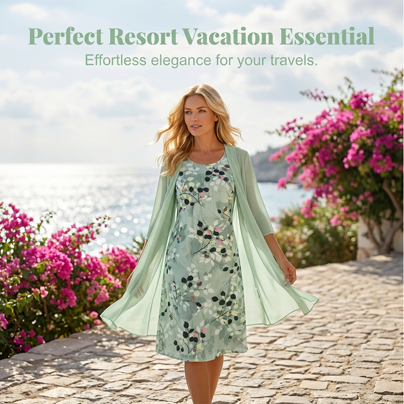 🔥Women's Elegant Chiffon Dress & Cardigan 2-Piece Set