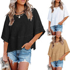 ✨Women's Solid Color Splicing Loose Five Points Flare Sleeve T-Shirt