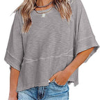 ✨Women's Solid Color Splicing Loose Five Points Flare Sleeve T-Shirt
