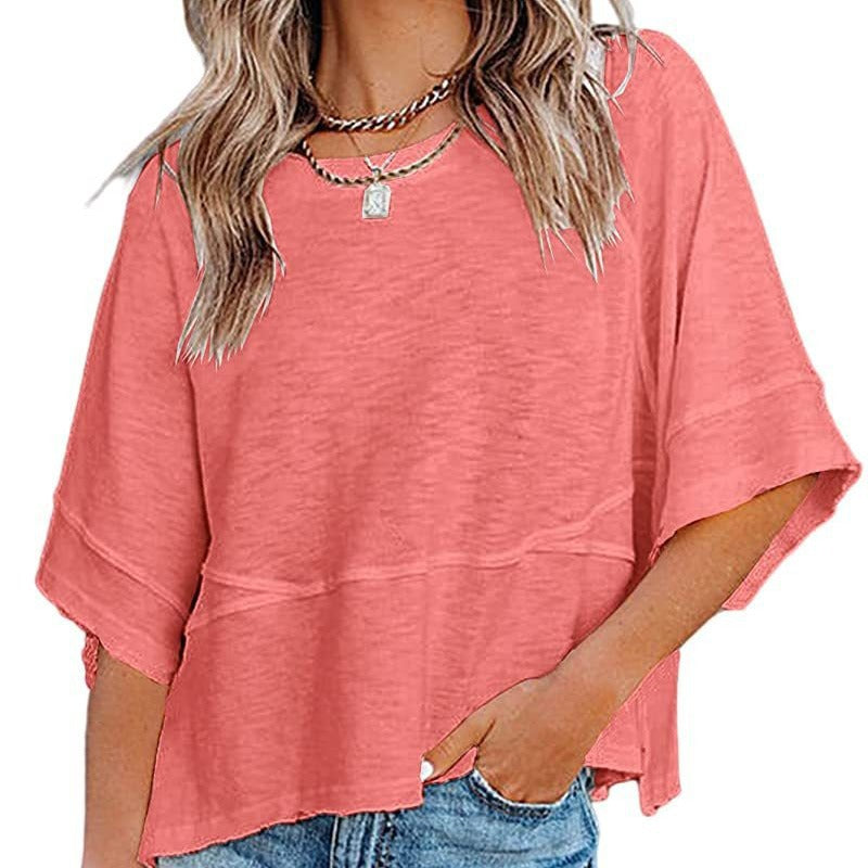 ✨Women's Solid Color Splicing Loose Five Points Flare Sleeve T-Shirt