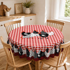 🐓 Farmhouse Rooster Tablecloth – Red Buffalo Plaid Chicken Table Cover, Spill Proof & Scalloped Lace Edge ✨